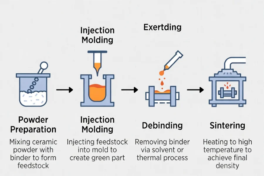 Introduction to Ceramic Injection Molding process diagram showing powder preparation injection molding debinding and sintering steps