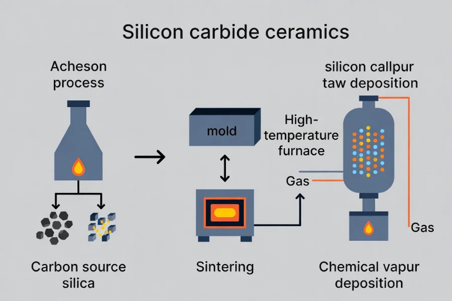 Overview of Silicon Carbide Ceramic manufacturing processes including Acheson method and CVD production