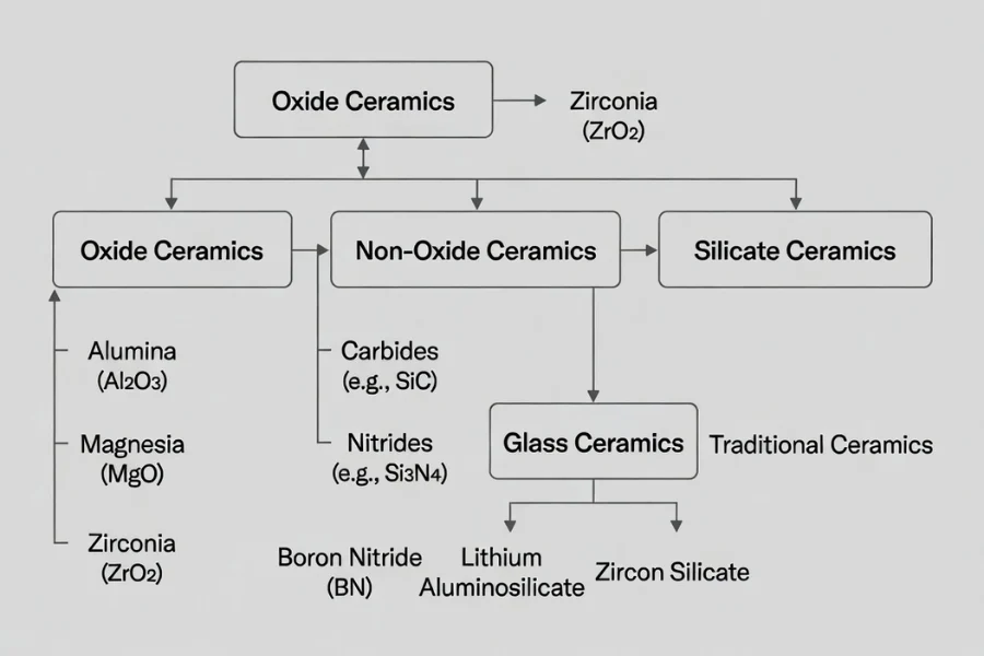 Diagram illustrating types and applications of ceramic materials classified by composition and application